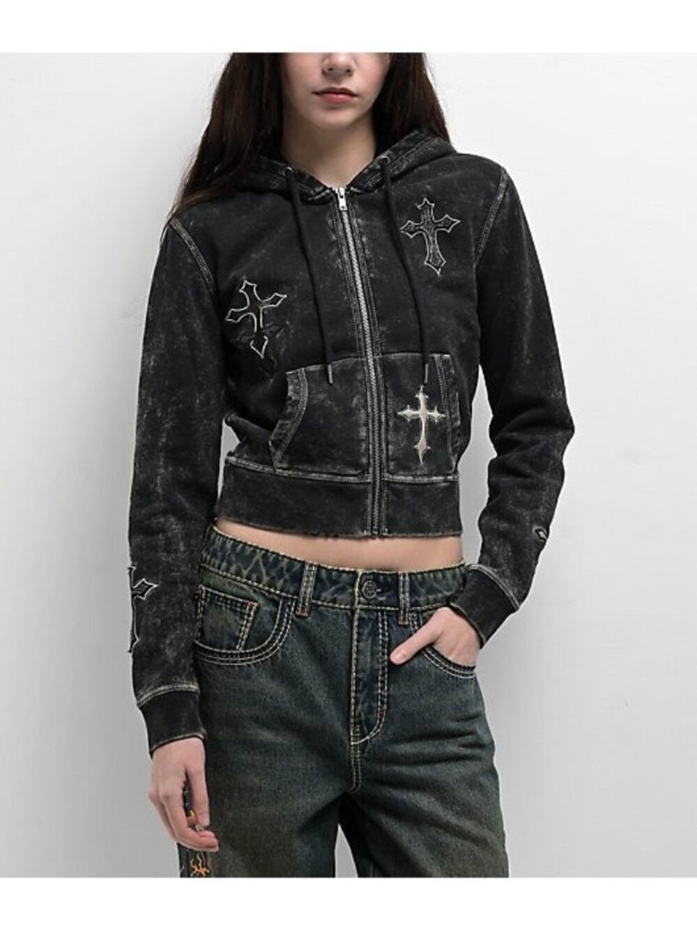 Ninth Hall Andover Cross Goth Embroidered Cropped Full Zip Women's Hoodie Sz M